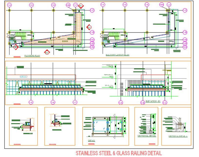 Stainless Steel & Glass Railing CAD Detail- Balcony & Elevation